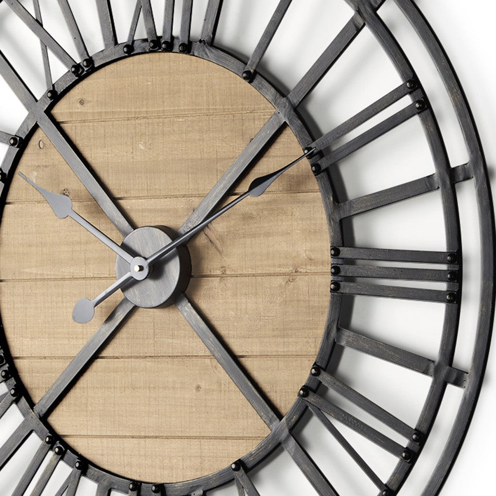 30" Black And Natural Iron And Wood Analog Round Wall Clock