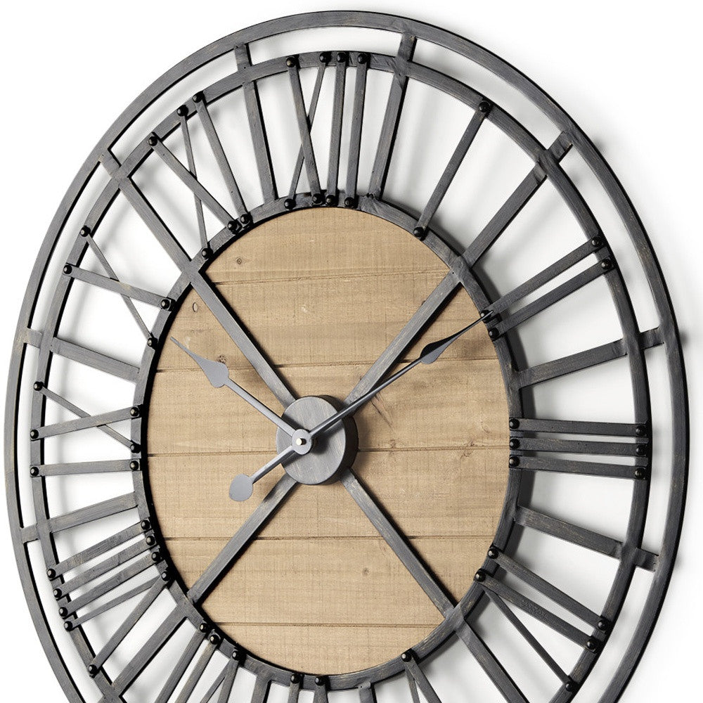 30" Black And Natural Iron And Wood Analog Round Wall Clock
