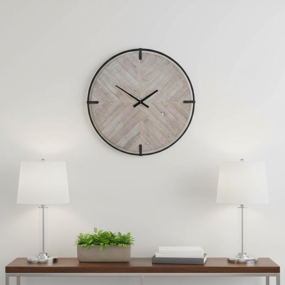 33" Black And Natural Metal And Solid Wood Analog Distressed Round Wall Clock
