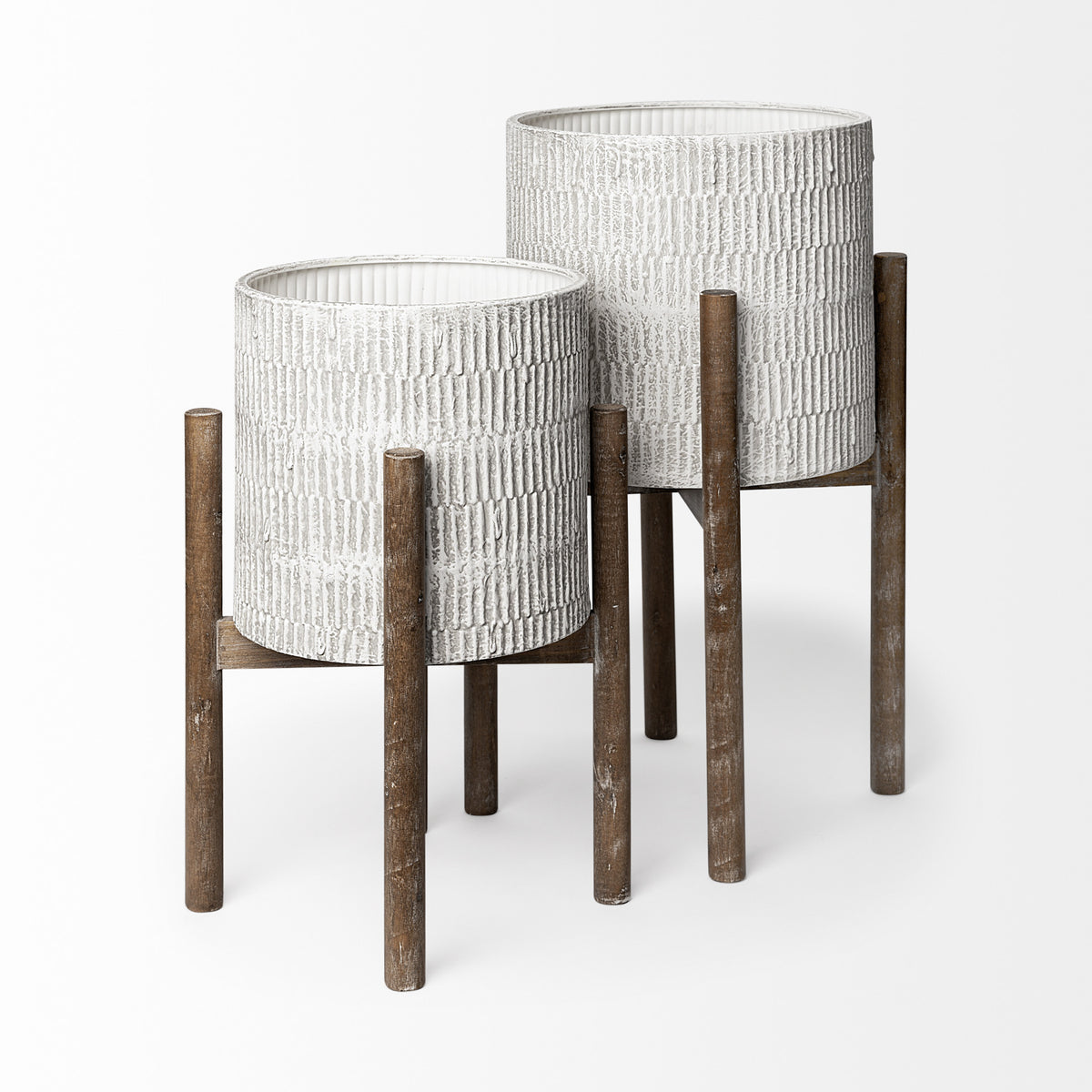 Set of Two Cream And Brown Ceramic And Wood Round Elevated Planters