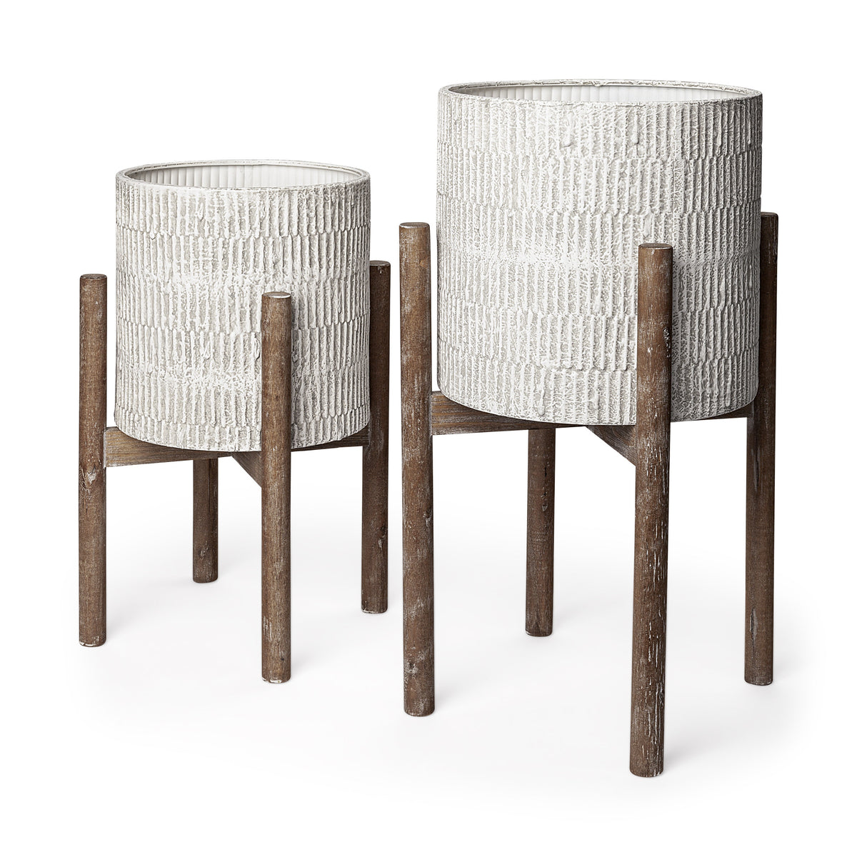 Set of Two Cream And Brown Ceramic And Wood Round Elevated Planters