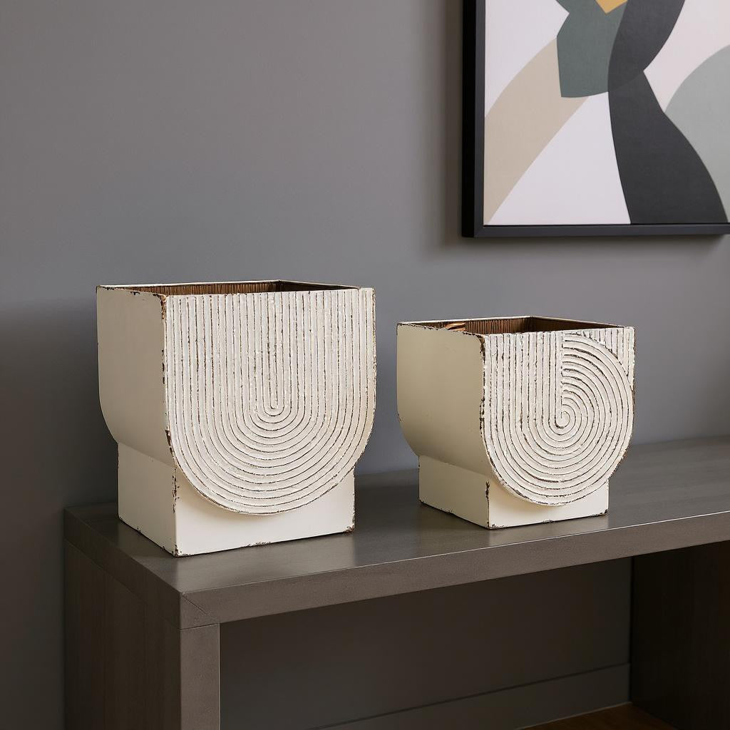 Set of Two White Metal 20 Ounce Rectangular Pot Planters