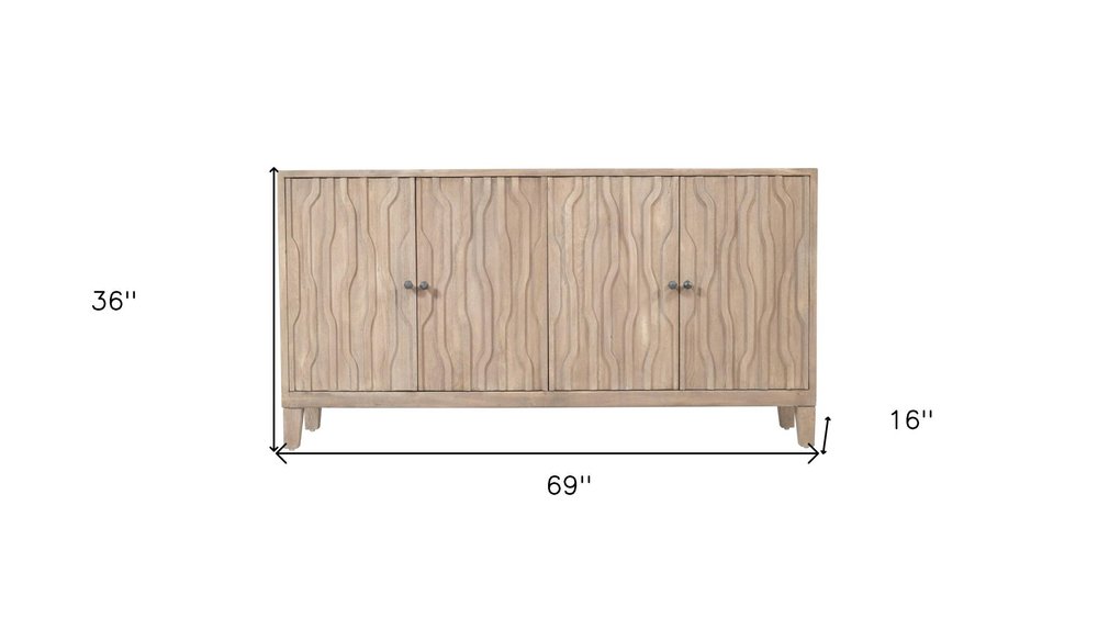 69" Ivory Distressed Reclaimed Wood Carved Geometric Sideboard With Four Doors