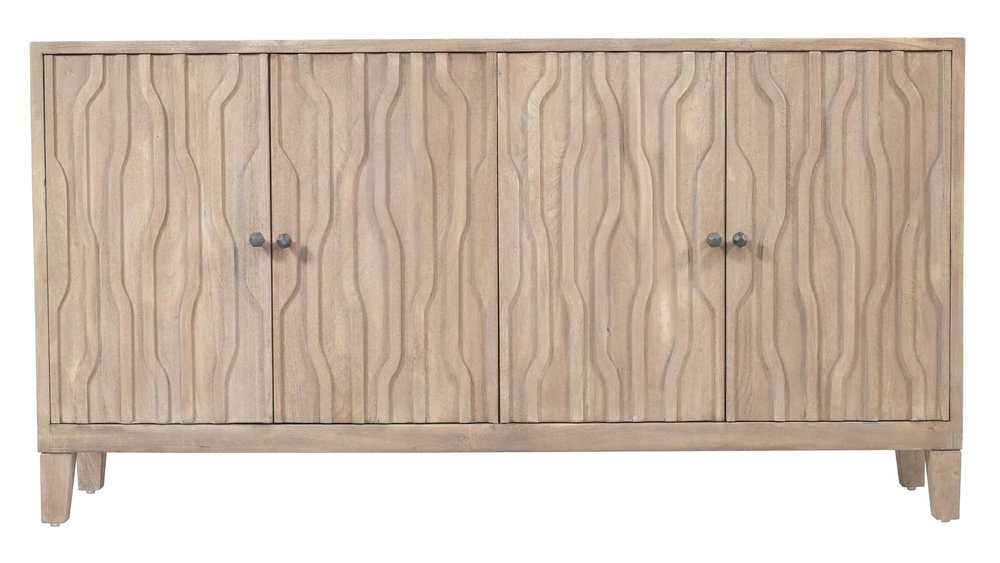 69" Ivory Distressed Reclaimed Wood Carved Geometric Sideboard With Four Doors