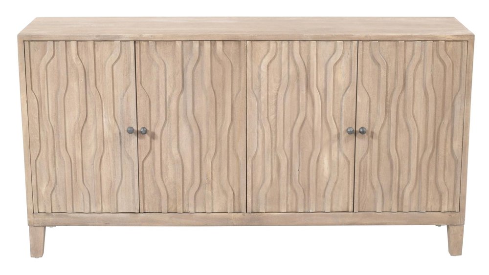 69" Ivory Distressed Reclaimed Wood Carved Geometric Sideboard With Four Doors