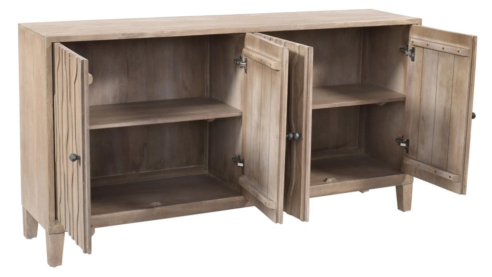 69" Ivory Distressed Reclaimed Wood Carved Geometric Sideboard With Four Doors