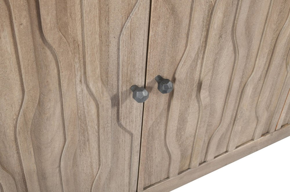 69" Ivory Distressed Reclaimed Wood Carved Geometric Sideboard With Four Doors
