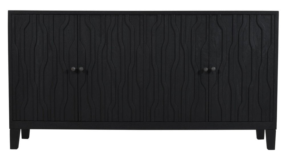 69" Graphite Distressed Reclaimed Wood Carved Geometric Sideboard With Four Doors