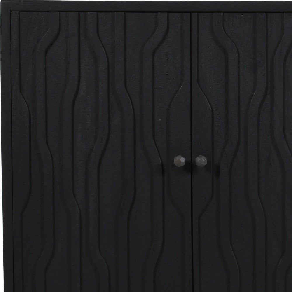 69" Graphite Distressed Reclaimed Wood Carved Geometric Sideboard With Four Doors