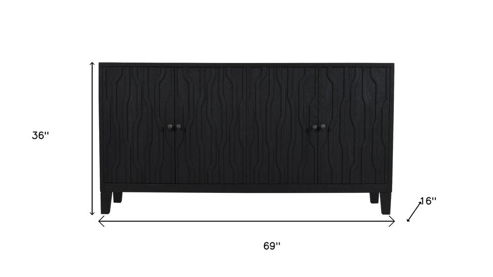 69" Graphite Distressed Reclaimed Wood Carved Geometric Sideboard With Four Doors