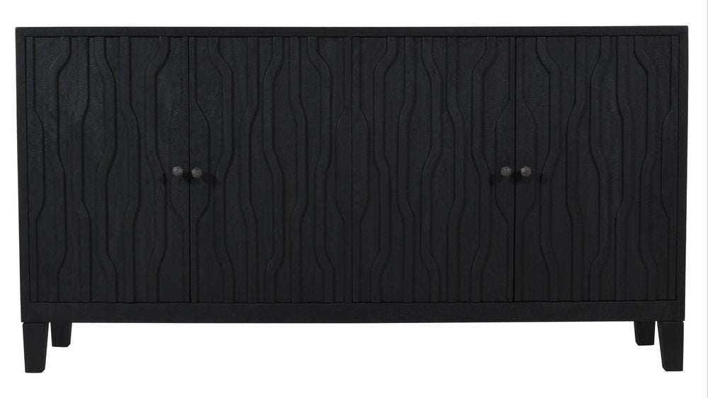 69" Graphite Distressed Reclaimed Wood Carved Geometric Sideboard With Four Doors