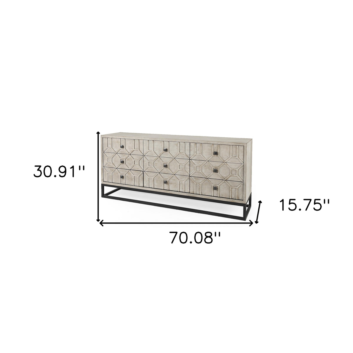 70" Light Brown Wood Carved Geometric Nine Drawer Sideboard