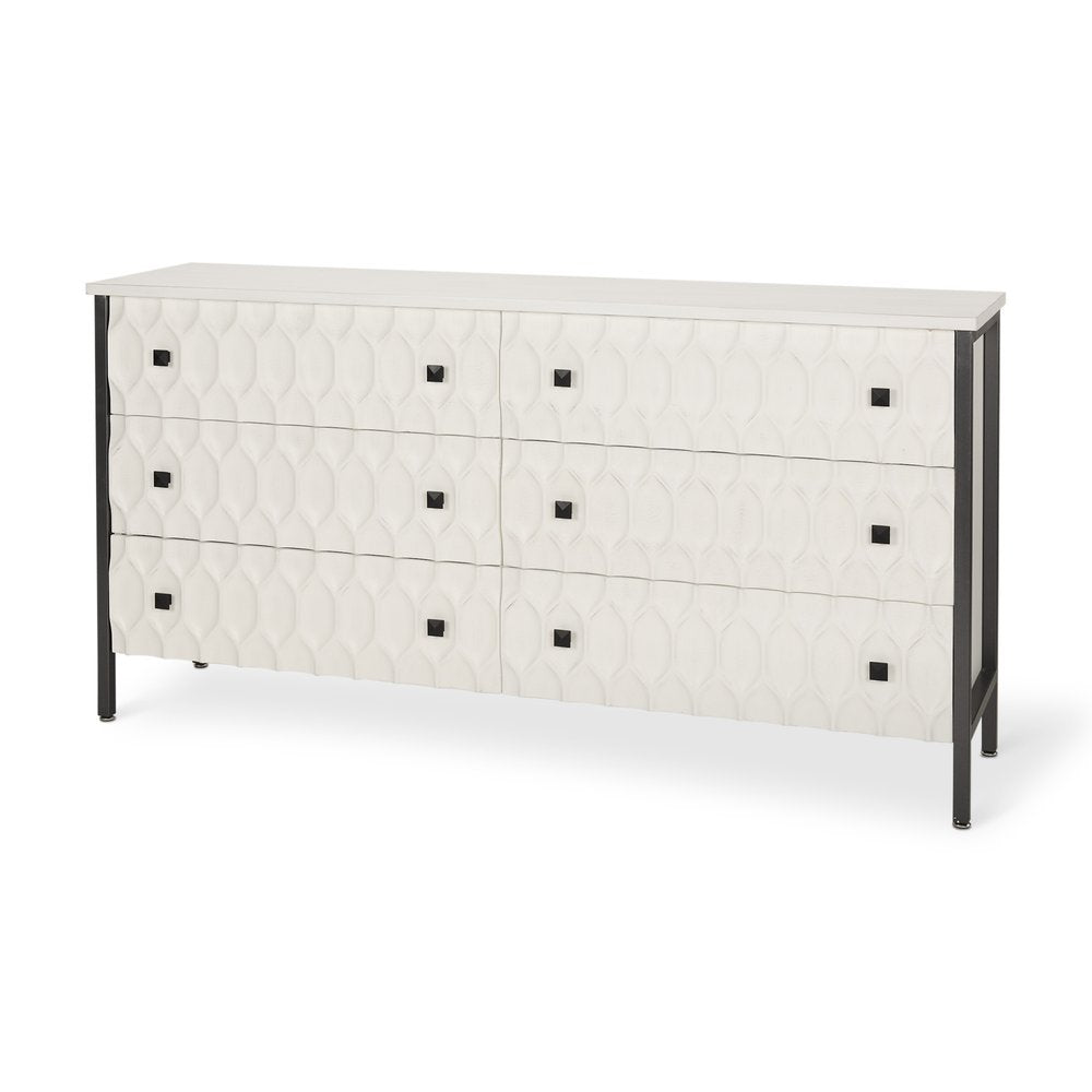 63" Gray And White Wood Carved Geometric Six Drawer Sideboard