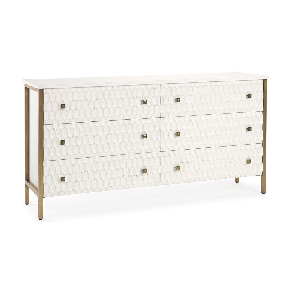 63" Gold And White Wood Carved Geometric Six Drawer Sideboard