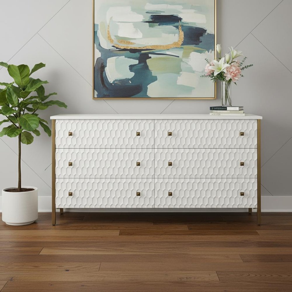 63" Gold And White Wood Carved Geometric Six Drawer Sideboard