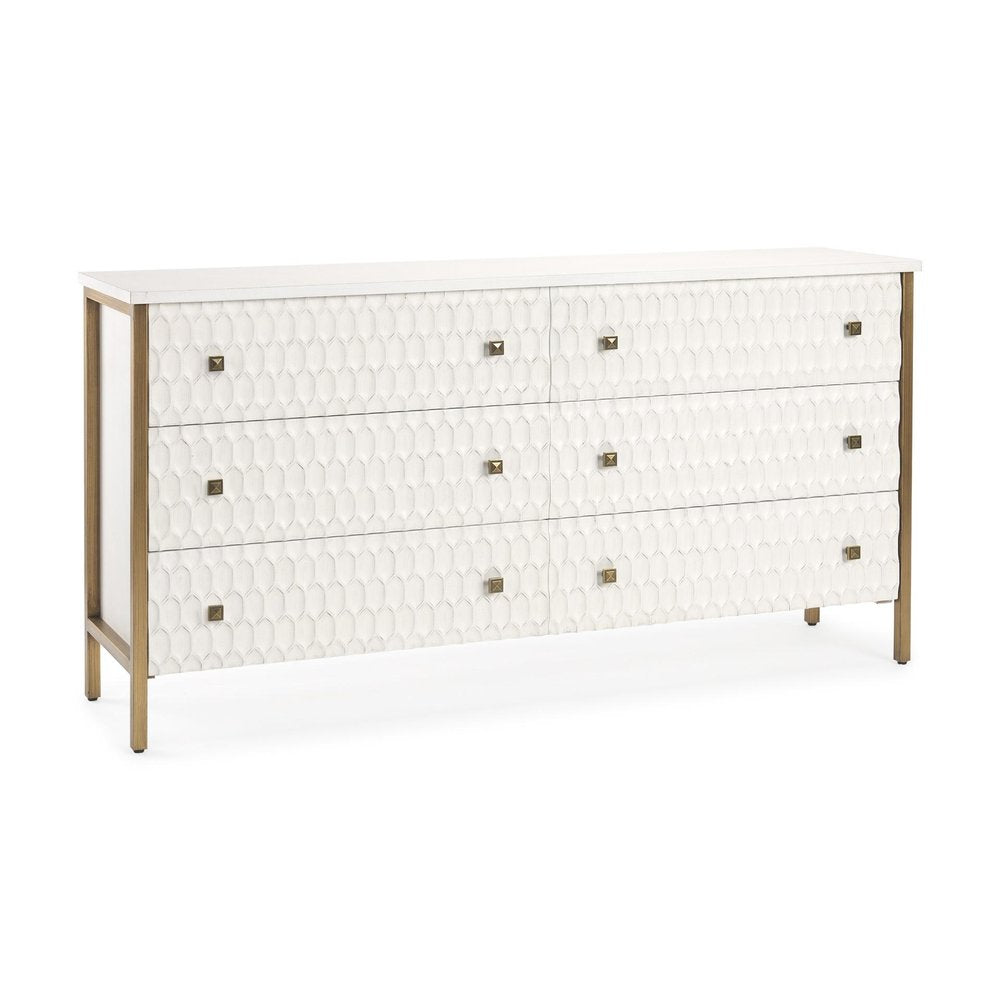 63" Gold And White Wood Carved Geometric Six Drawer Sideboard