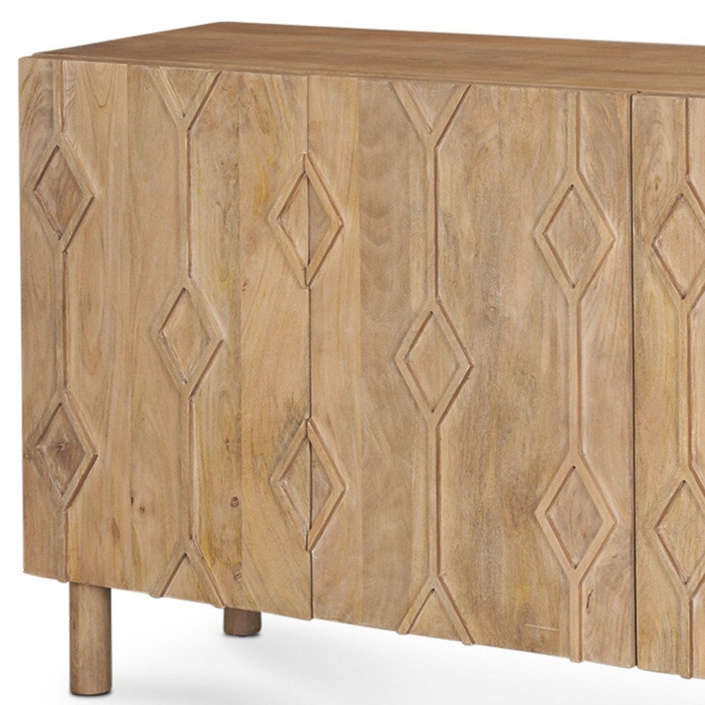 71" Light Brown Solid Wood Carved Geometric Sideboard Soft Close with Four Doors