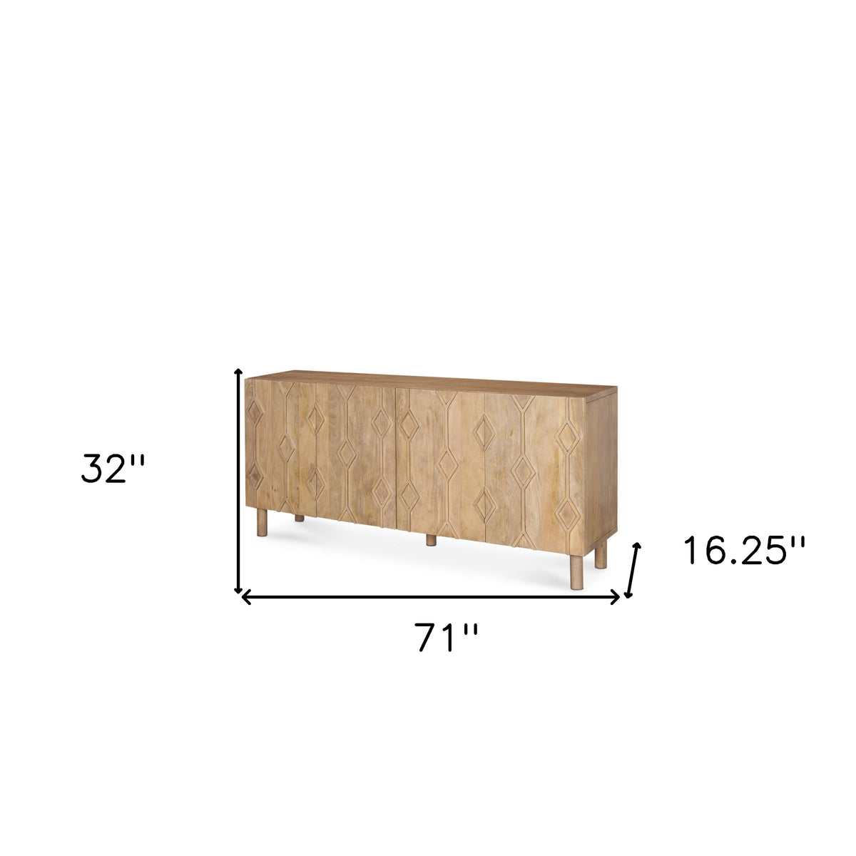 71" Light Brown Solid Wood Carved Geometric Sideboard Soft Close with Four Doors