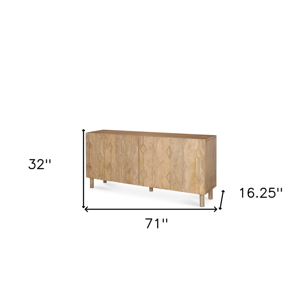 71" Light Brown Solid Wood Carved Geometric Sideboard Soft Close with Four Doors