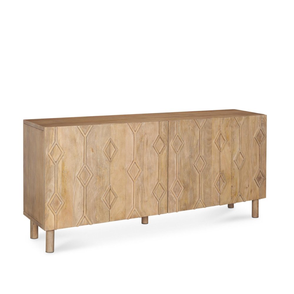 71" Light Brown Solid Wood Carved Geometric Sideboard Soft Close with Four Doors