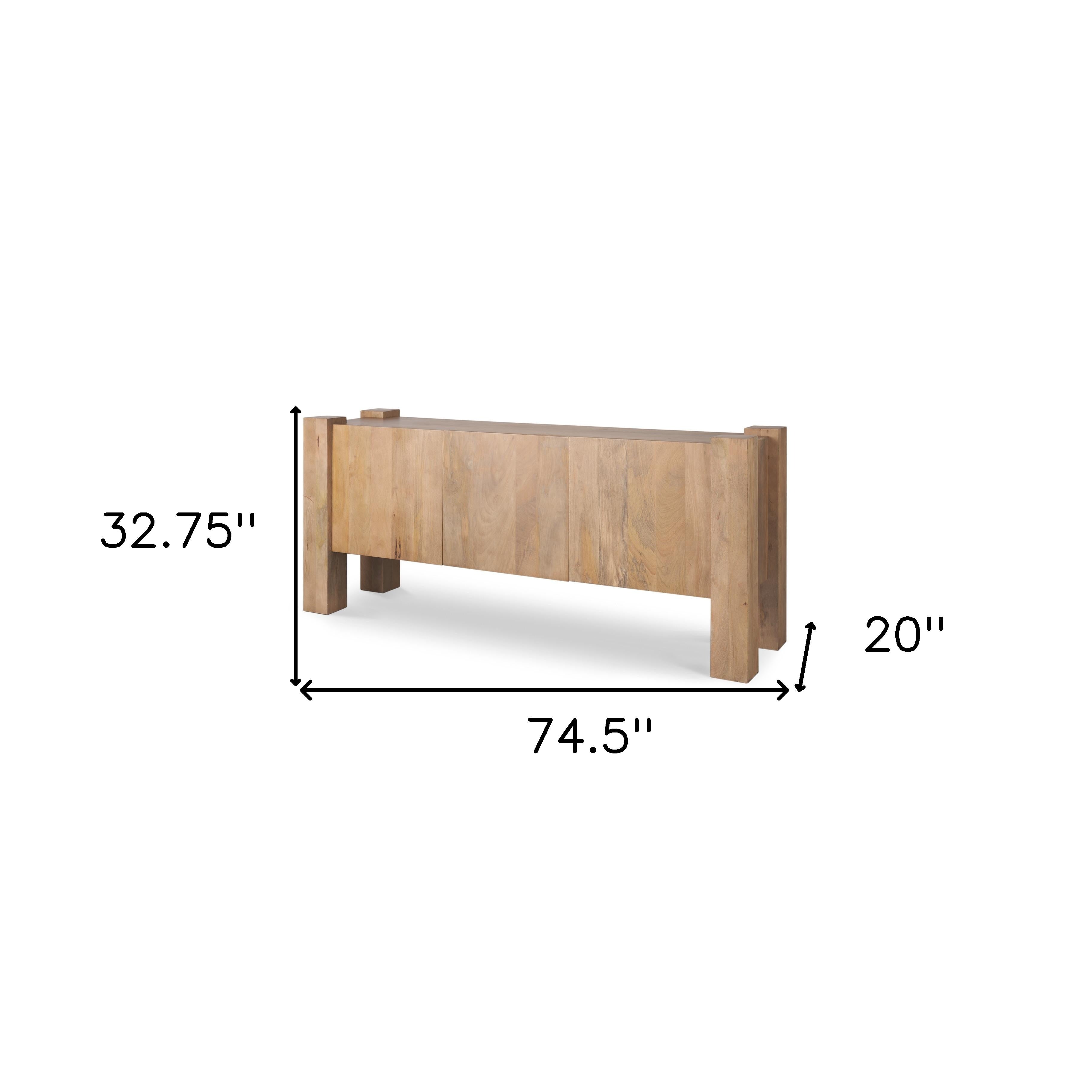75" Light Brown Solid Wood Sideboard Soft Close with Three Doors