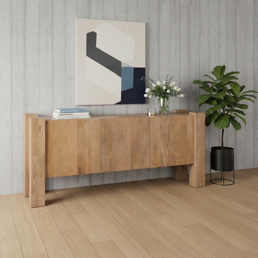 75" Light Brown Solid Wood Sideboard Soft Close with Three Doors