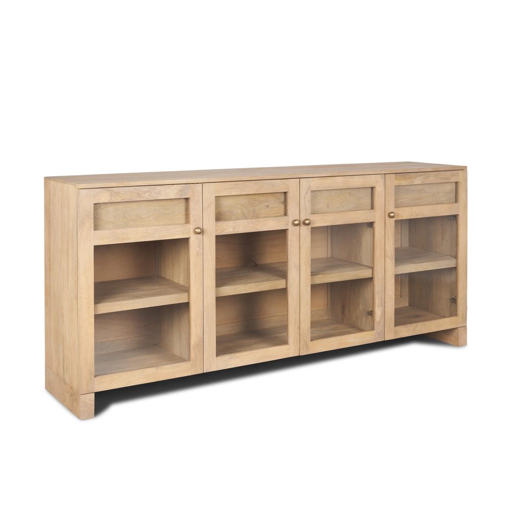 80" Light Brown Solid Wood Three Drawer Sideboard Soft Close with Four Glass Doors