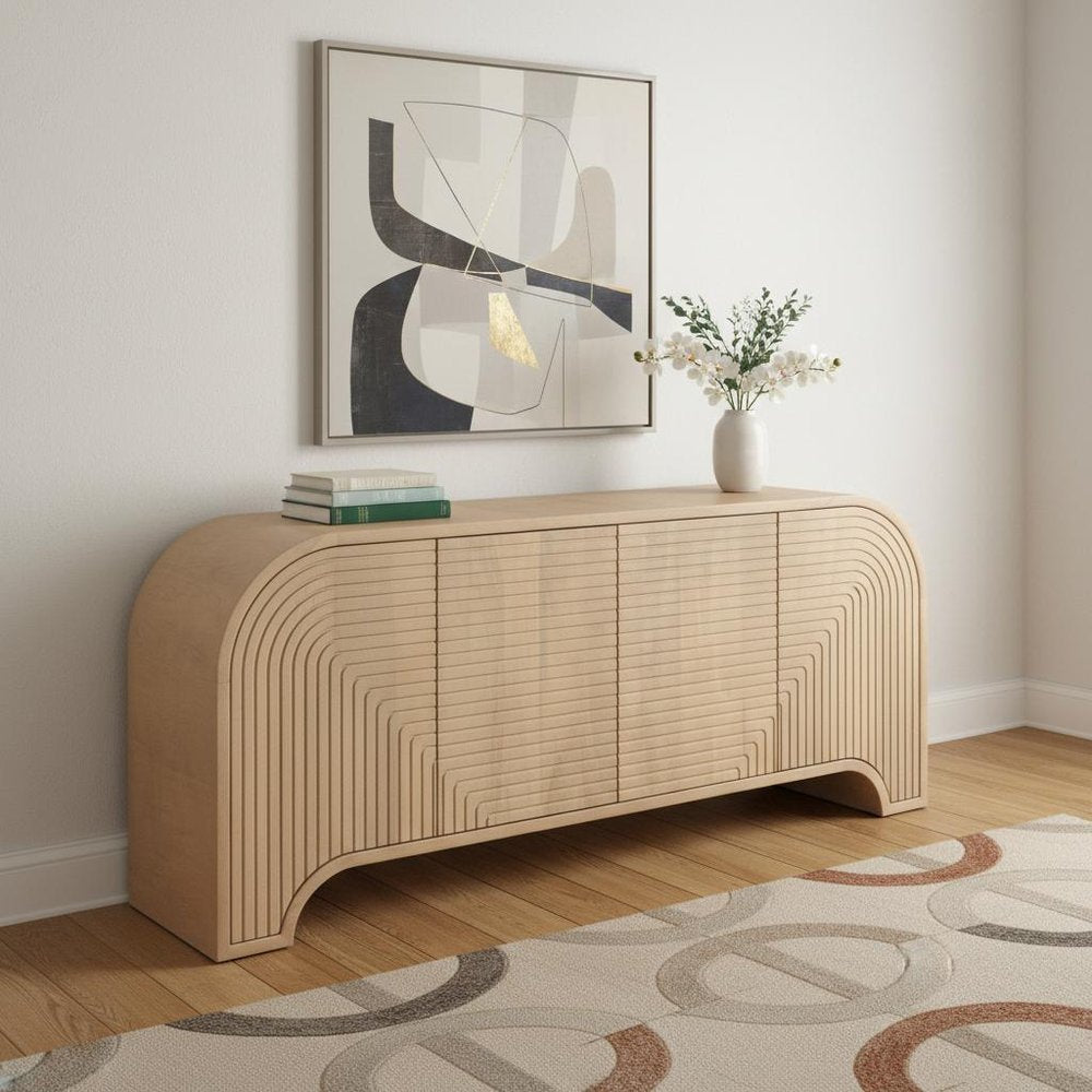 72" Natural Solid Wood Ribbed Texture Sideboard With Four Doors