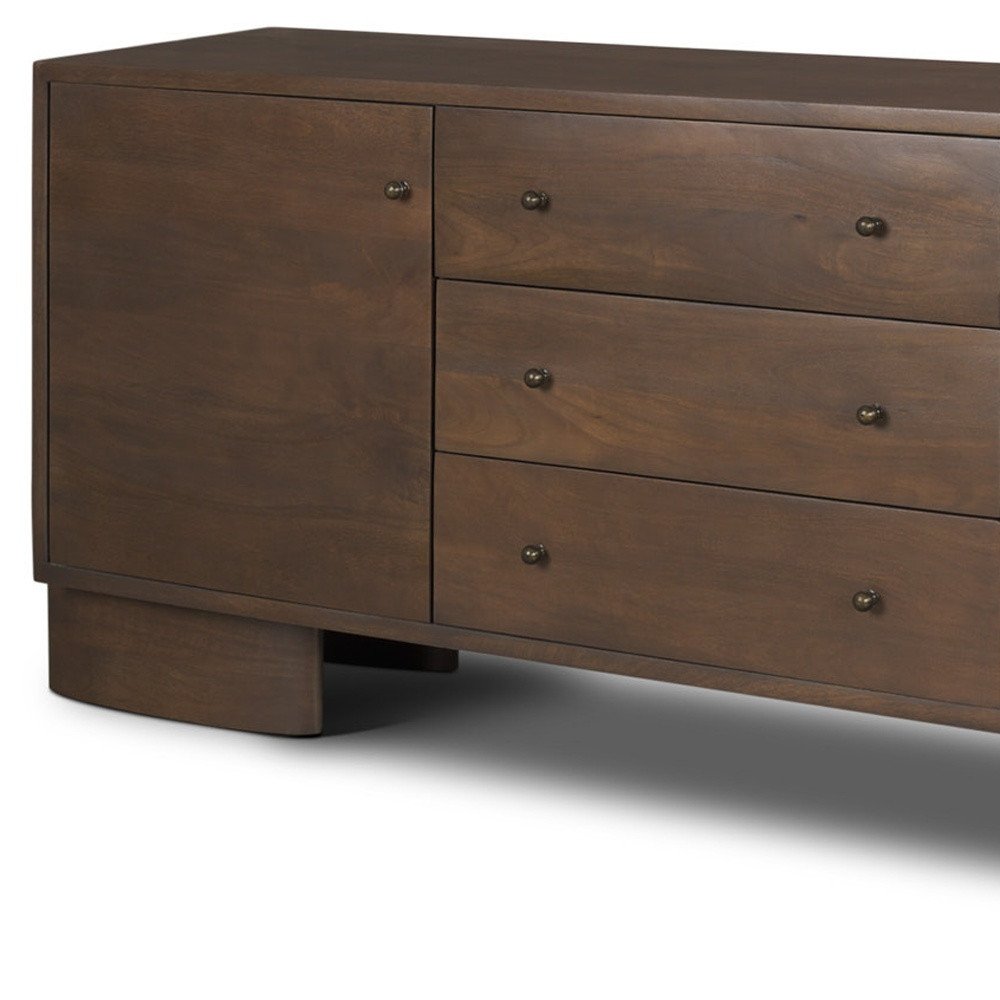 76" Brown Solid Wood Three Drawer Sideboard Soft Close with Two Doors
