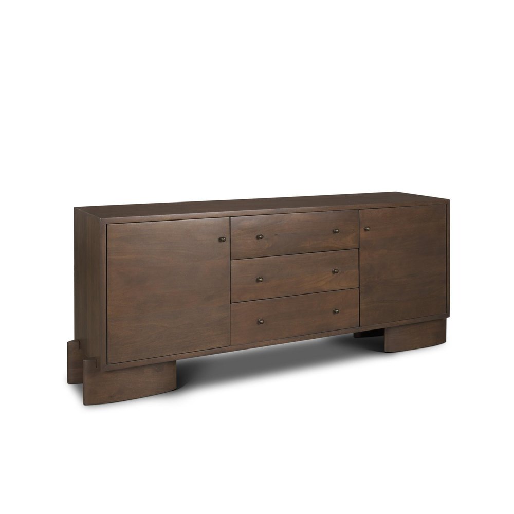 76" Brown Solid Wood Three Drawer Sideboard Soft Close with Two Doors