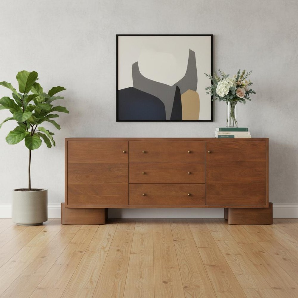 76" Brown Solid Wood Three Drawer Sideboard Soft Close with Two Doors