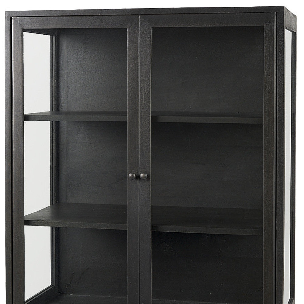 36" Black Solid Wood and Metal Display Cabinet With Two Doors
