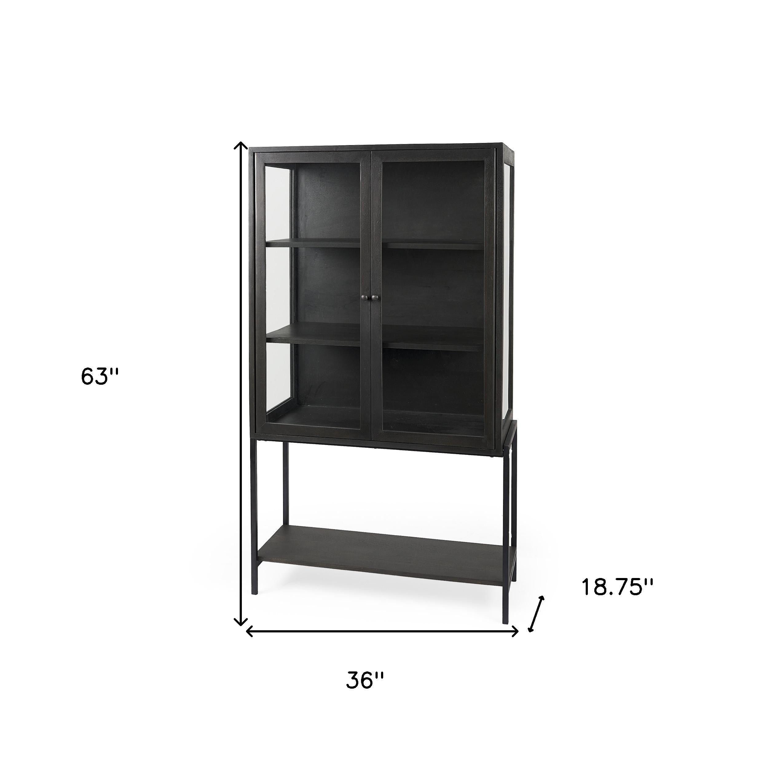 36" Black Solid Wood and Metal Display Cabinet With Two Doors