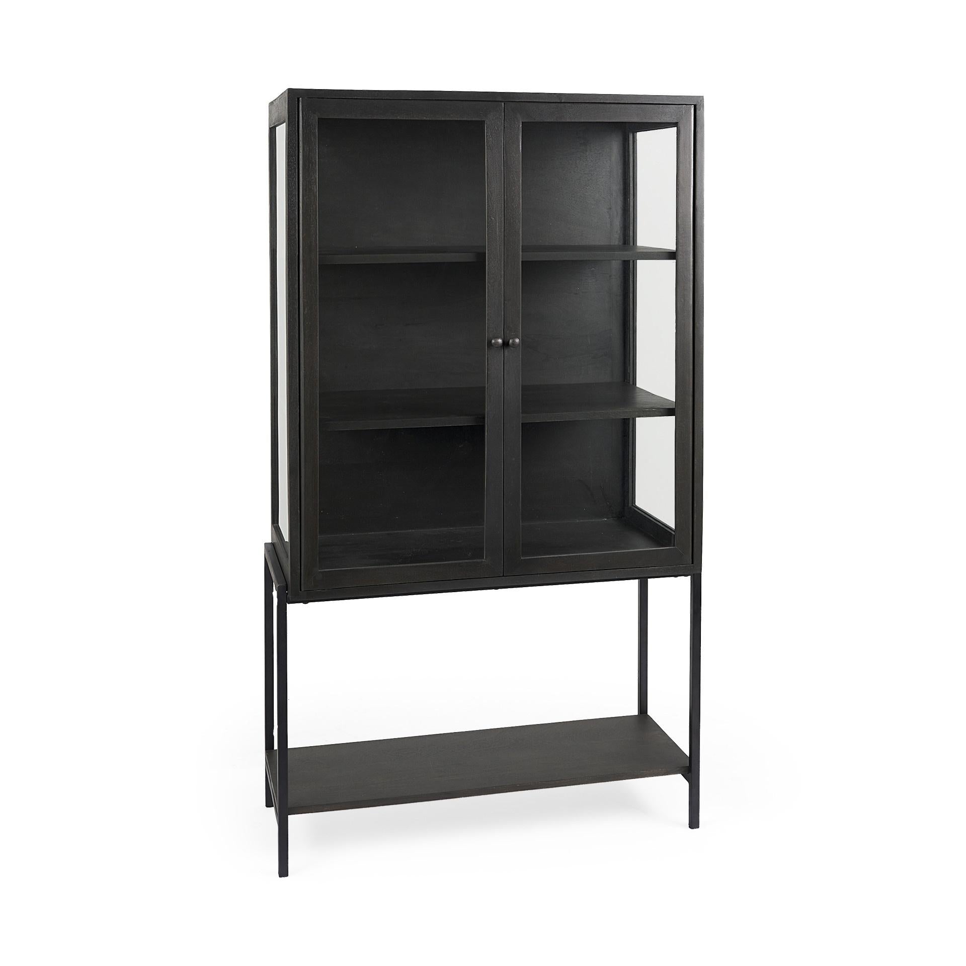36" Black Solid Wood and Metal Display Cabinet With Two Doors