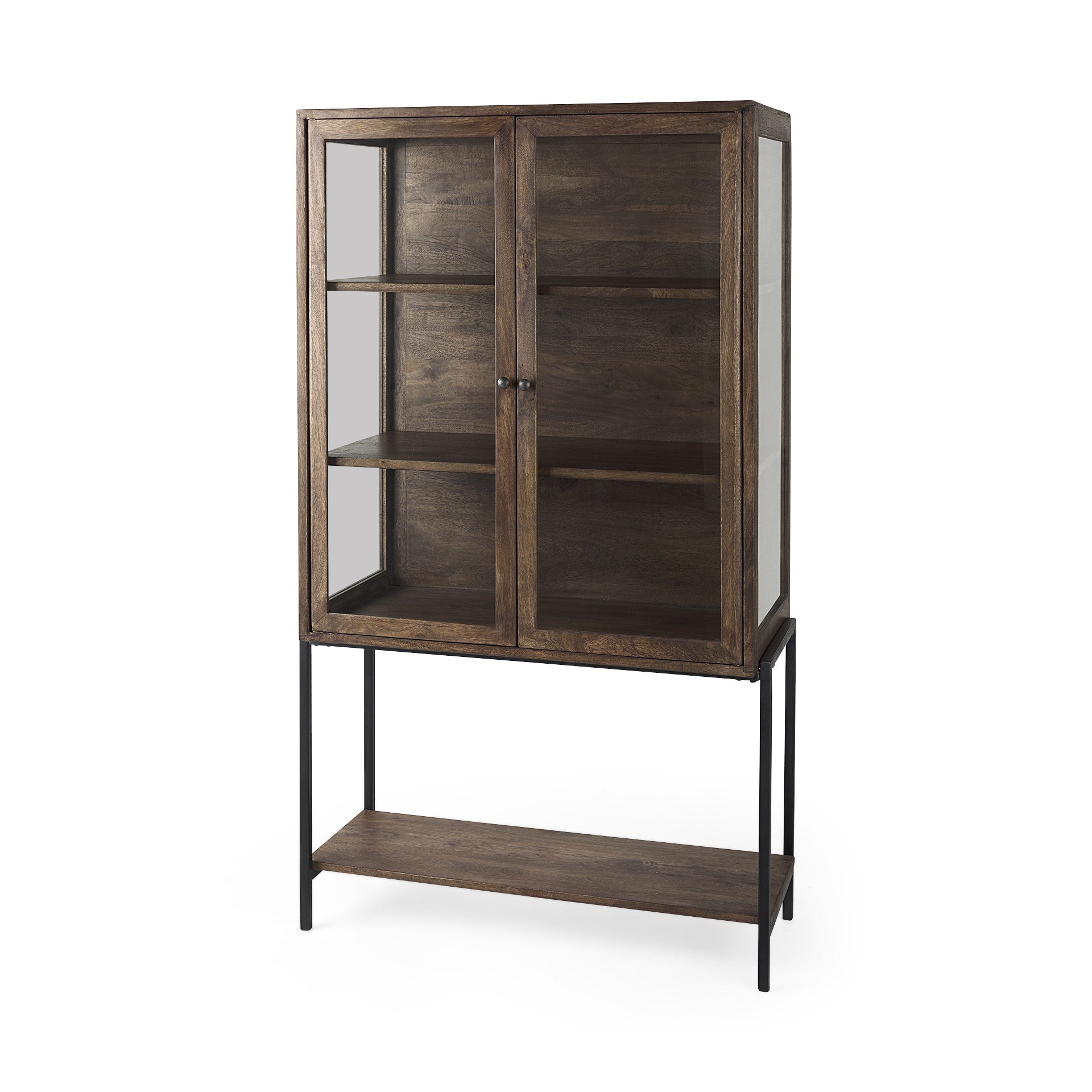 36" Brown and Black Solid Wood and Metal Display Cabinet With Two Doors