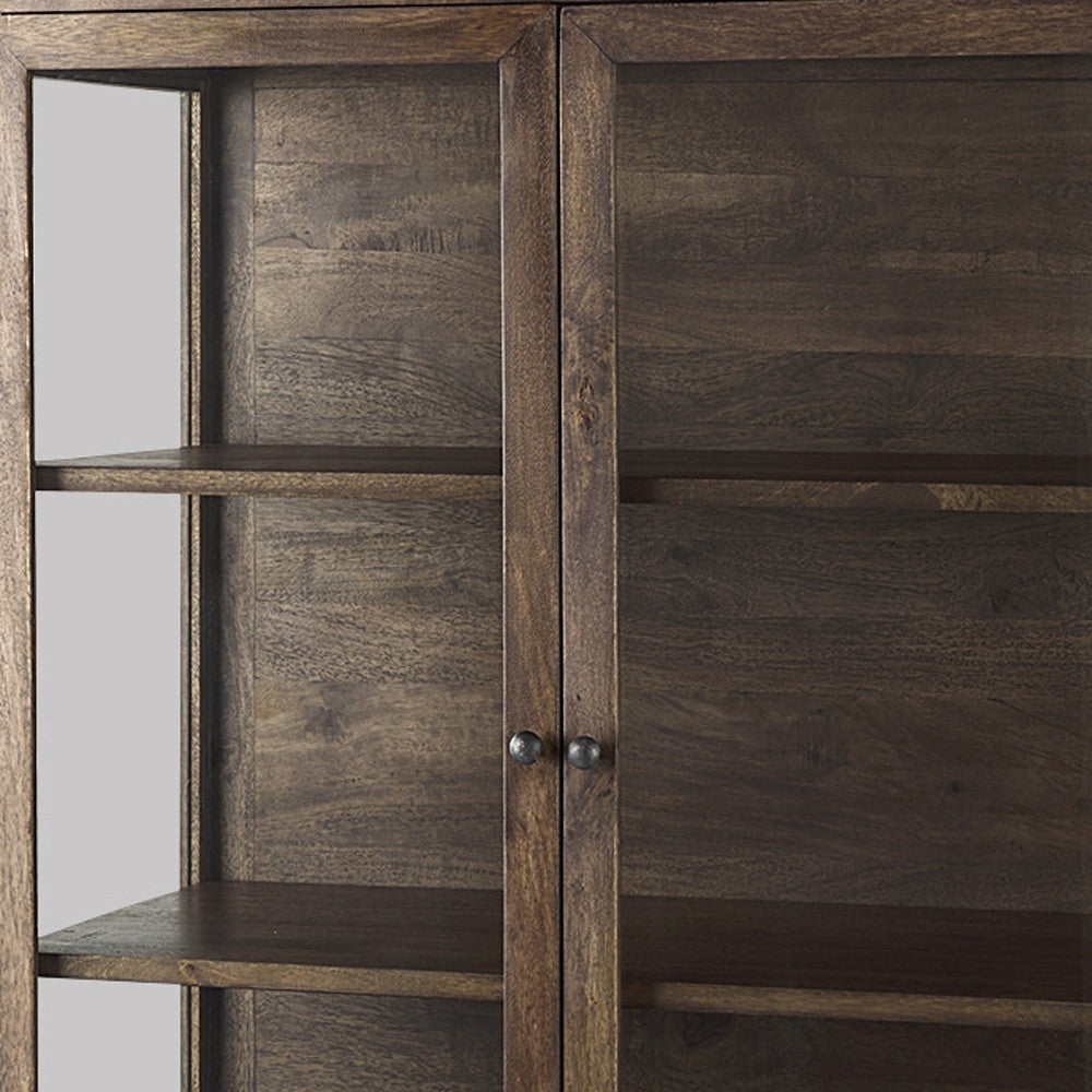 36" Brown and Black Solid Wood and Metal Display Cabinet With Two Doors