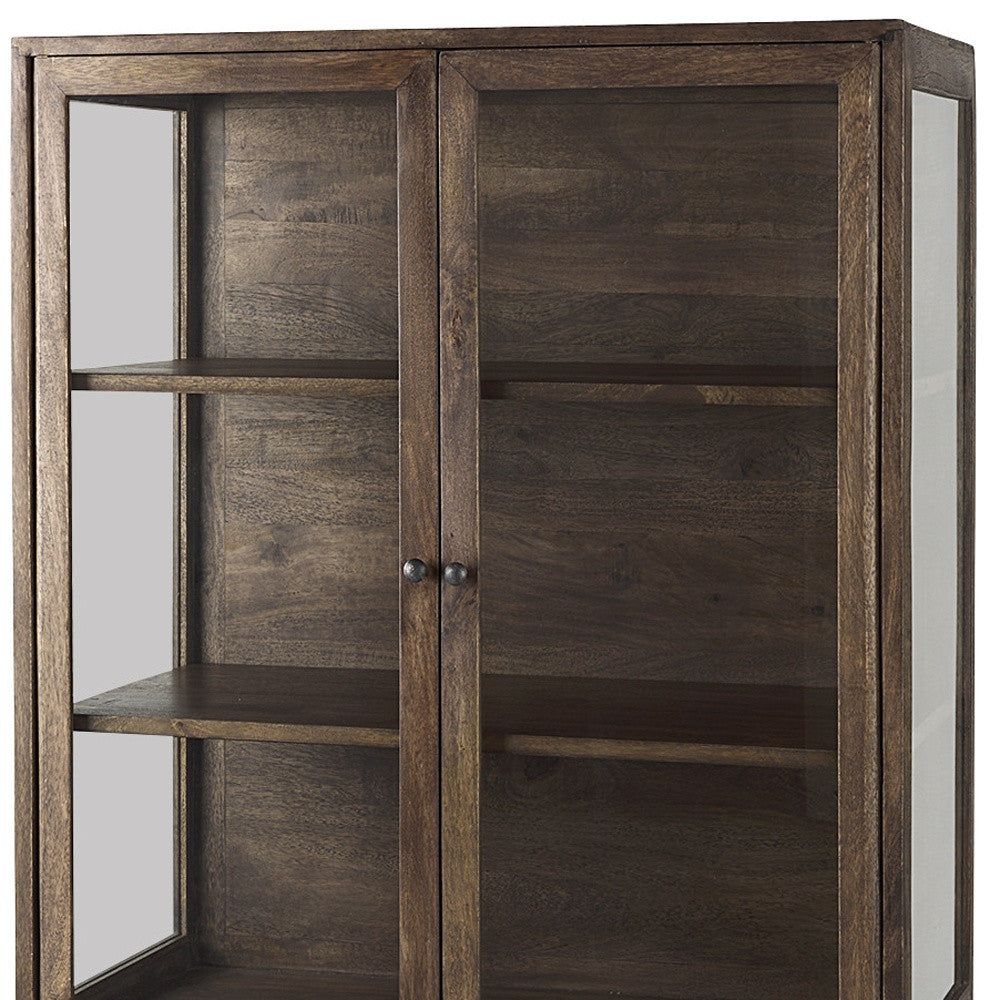36" Brown and Black Solid Wood and Metal Display Cabinet With Two Doors