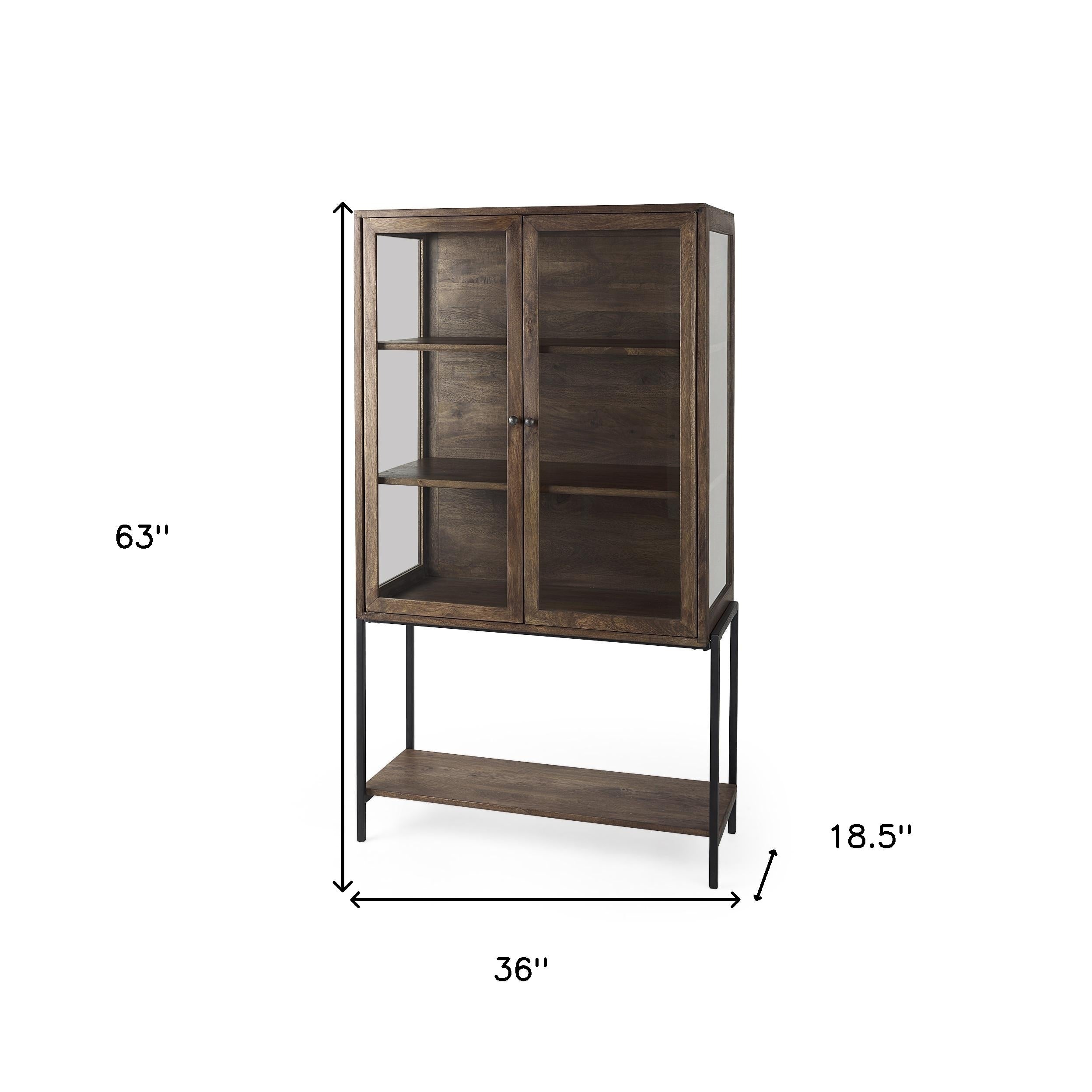 36" Brown and Black Solid Wood and Metal Display Cabinet With Two Doors