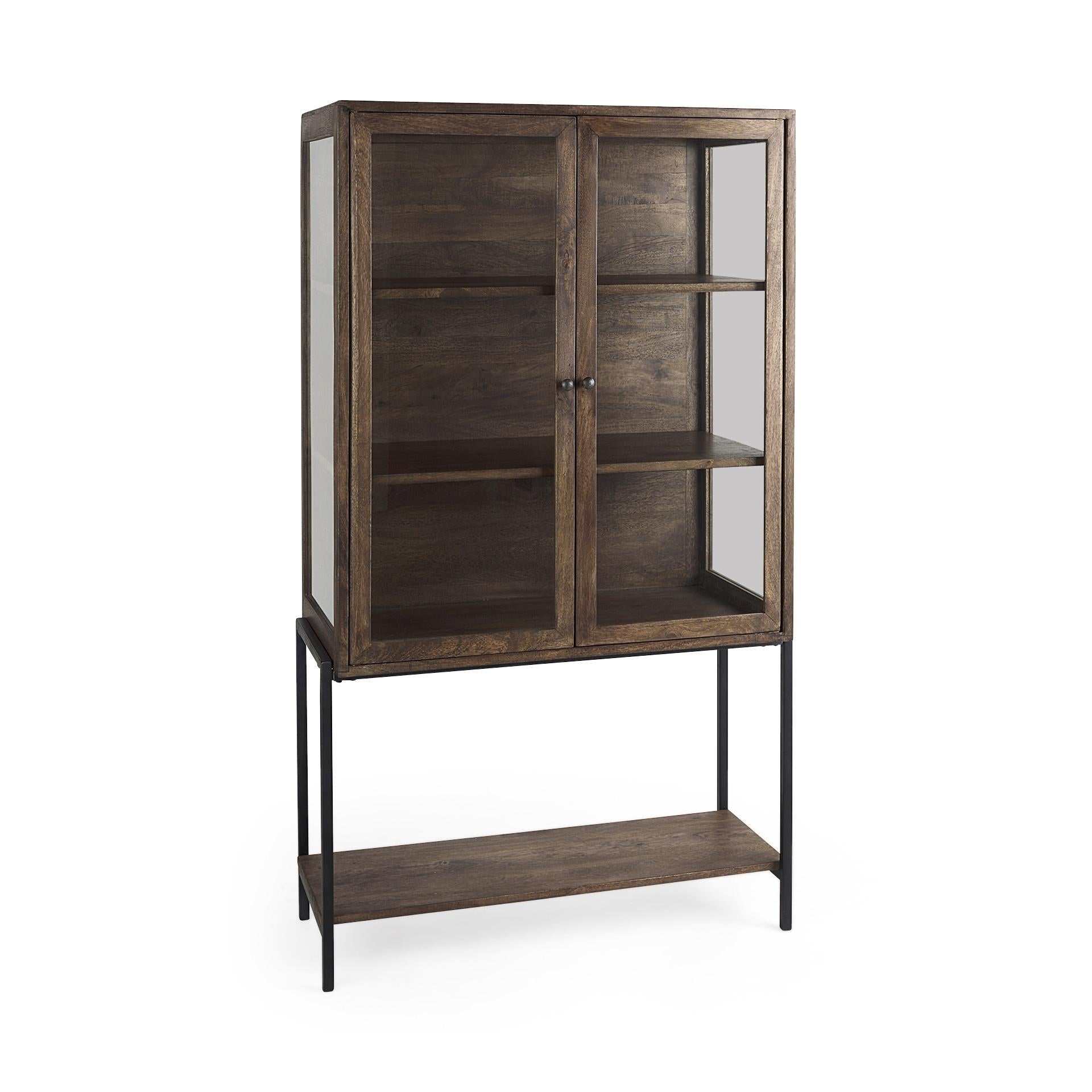 36" Brown and Black Solid Wood and Metal Display Cabinet With Two Doors