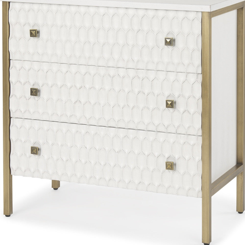 32" White and Gold Wood and Metal Carved Geometric Accent Cabinet With Three Drawers