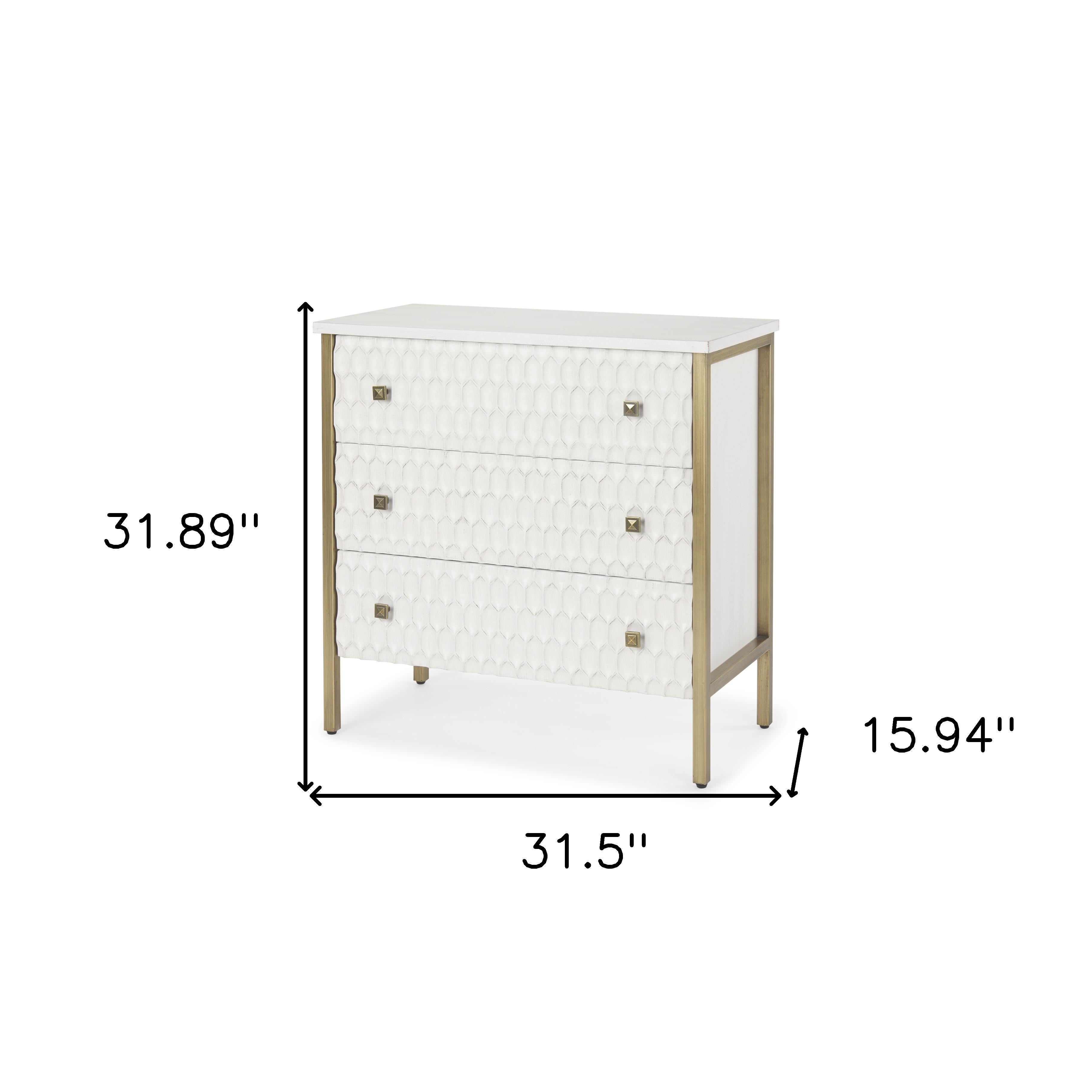 32" White and Gold Wood and Metal Carved Geometric Accent Cabinet With Three Drawers