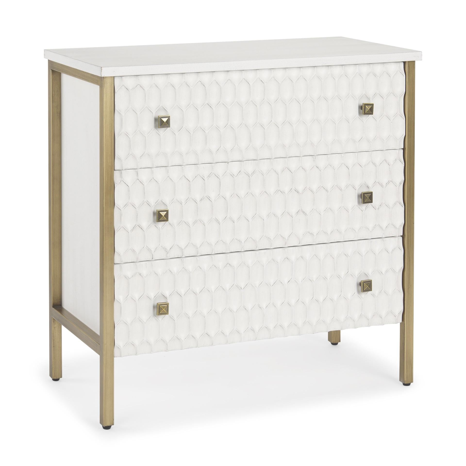 32" White and Gold Wood and Metal Carved Geometric Accent Cabinet With Three Drawers