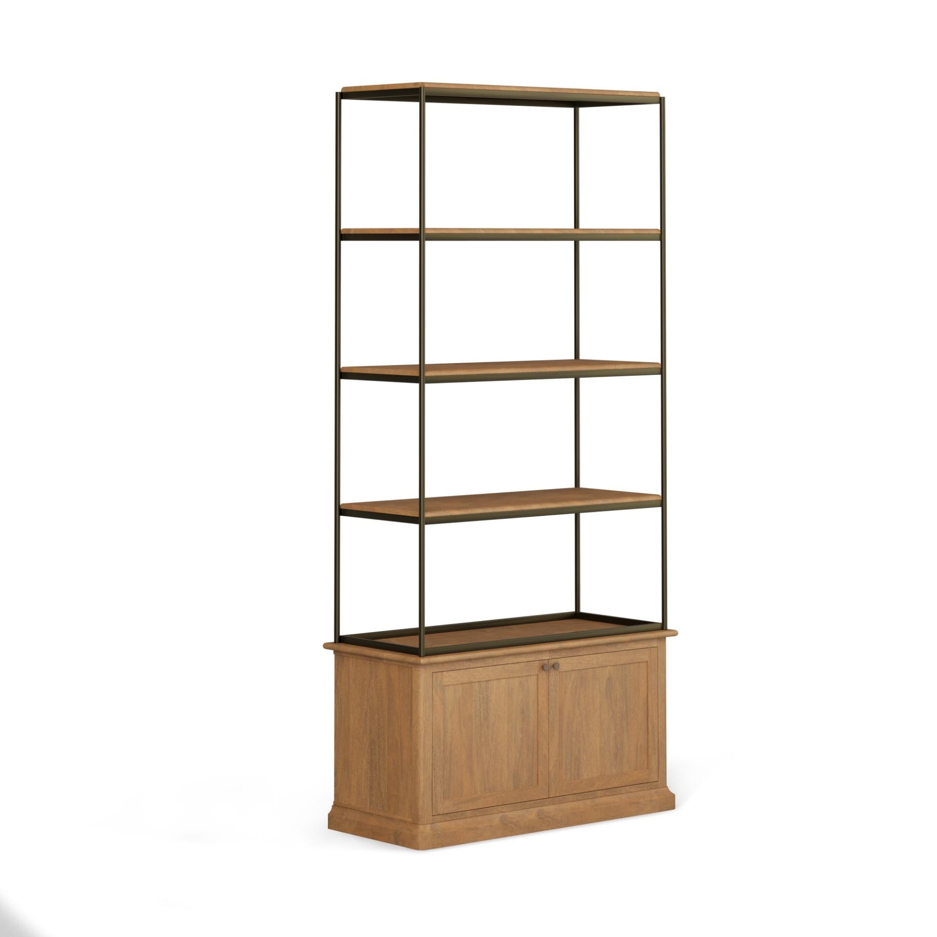 42" Antiqued Brass And Light Brown Distressed Metal and Solid Wood Four Tier Bookcase with Two Doors