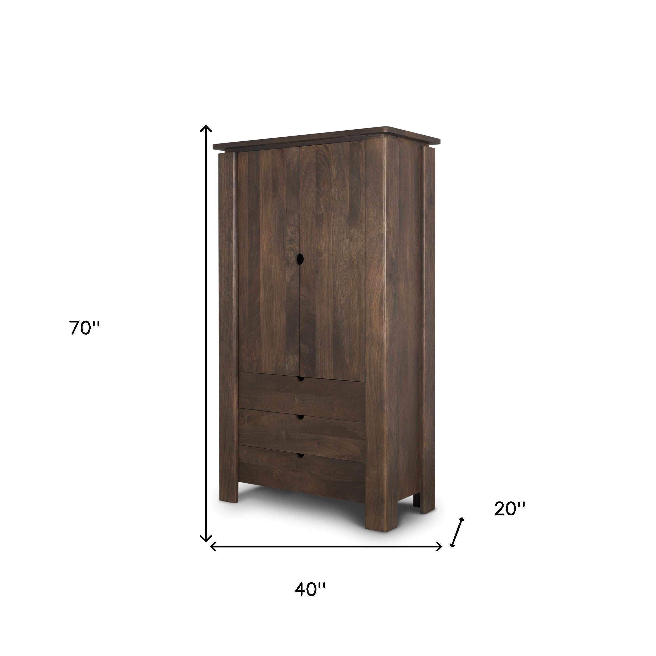 40" Dark Brown Solid Wood Curio Cabinet With Two Doors And Three Drawers