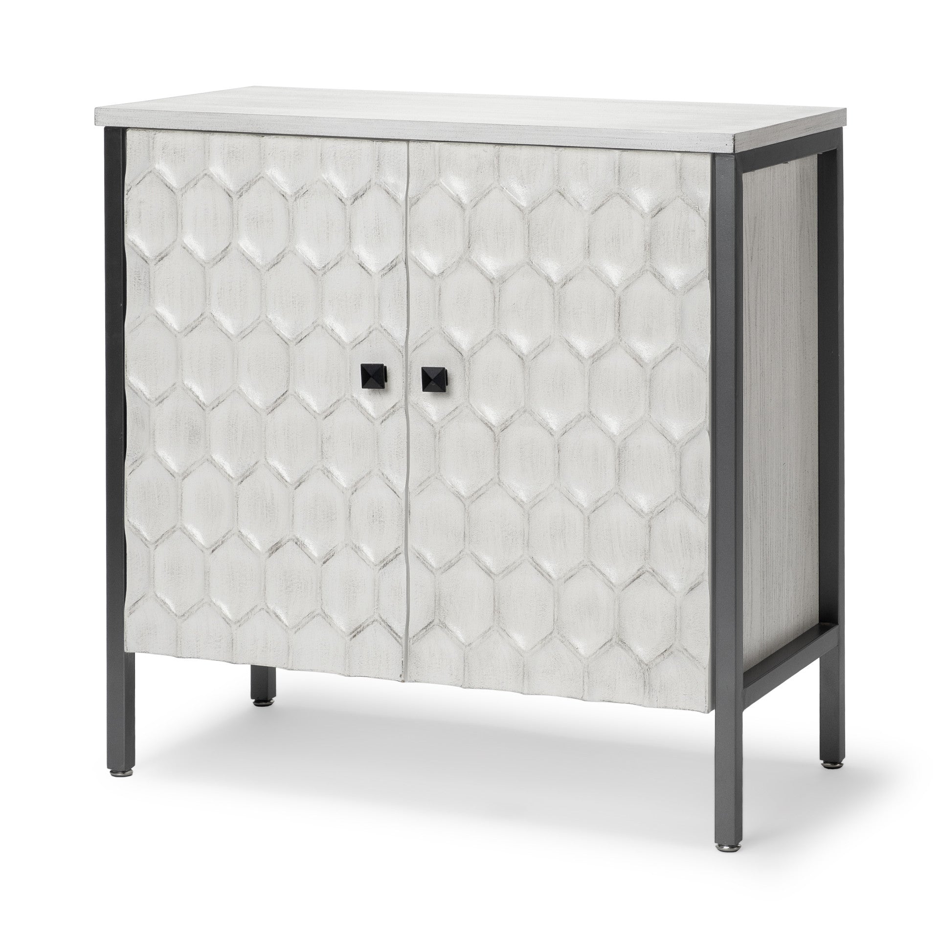 32" White and Gray Wood and Metal Carved Geometric Accent Cabinet With Two Doors