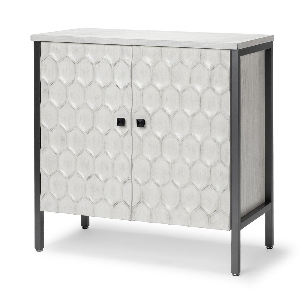 32" White and Gray Wood and Metal Carved Geometric Accent Cabinet With Two Doors