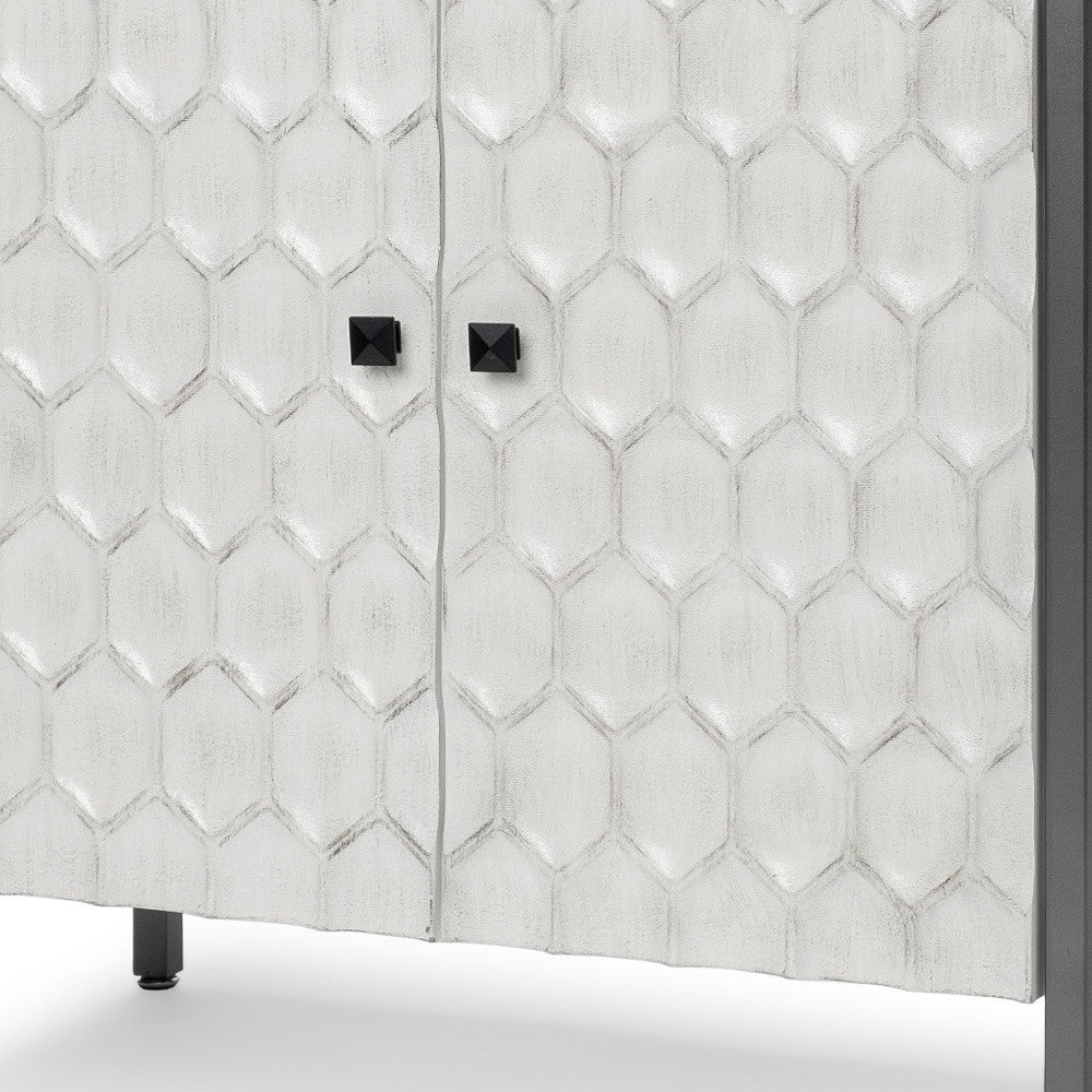 32" White and Gray Wood and Metal Carved Geometric Accent Cabinet With Two Doors