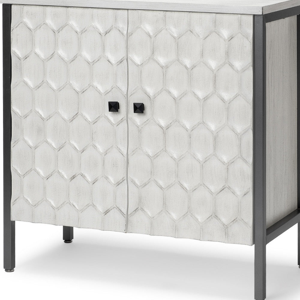 32" White and Gray Wood and Metal Carved Geometric Accent Cabinet With Two Doors