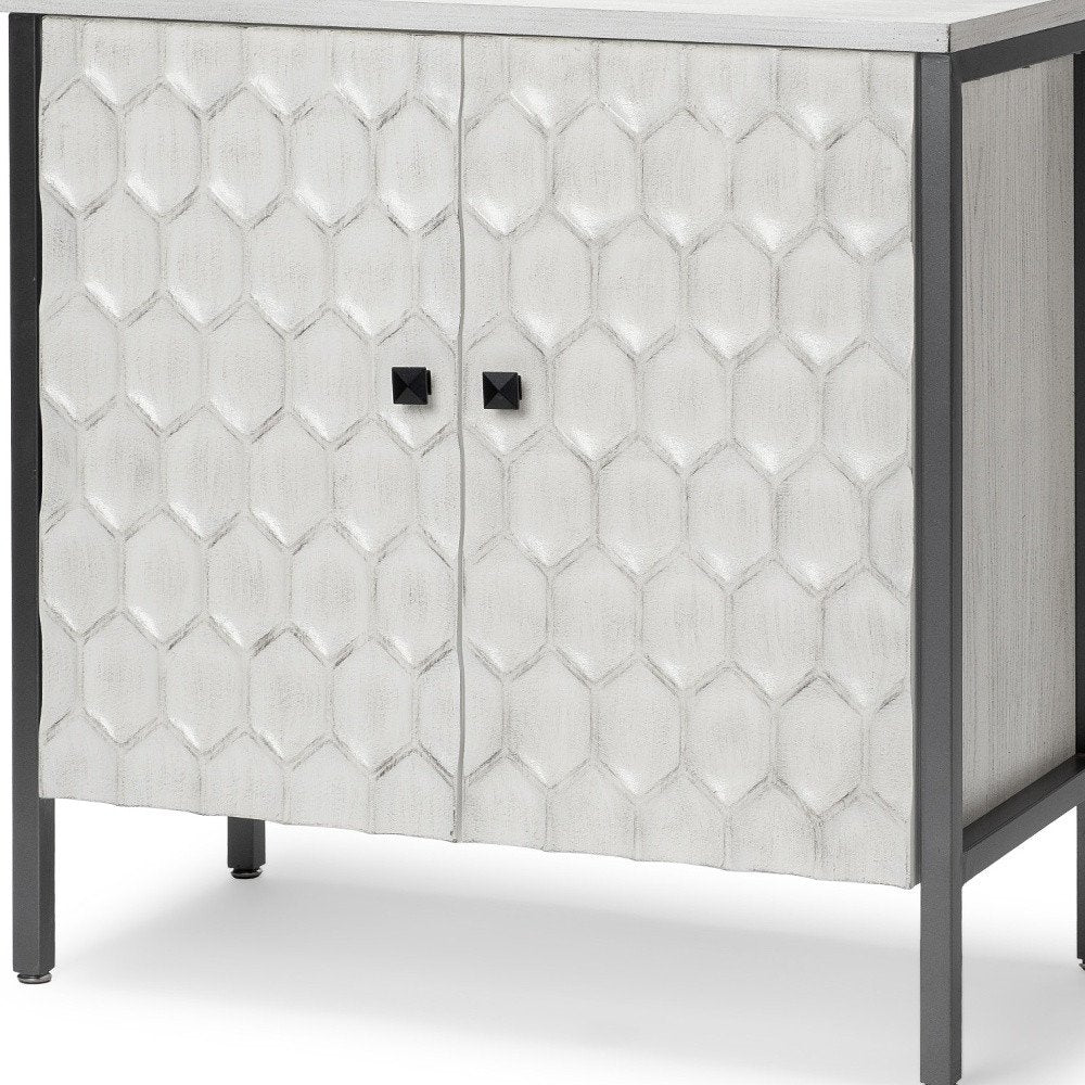 32" White and Gray Wood and Metal Carved Geometric Accent Cabinet With Two Doors