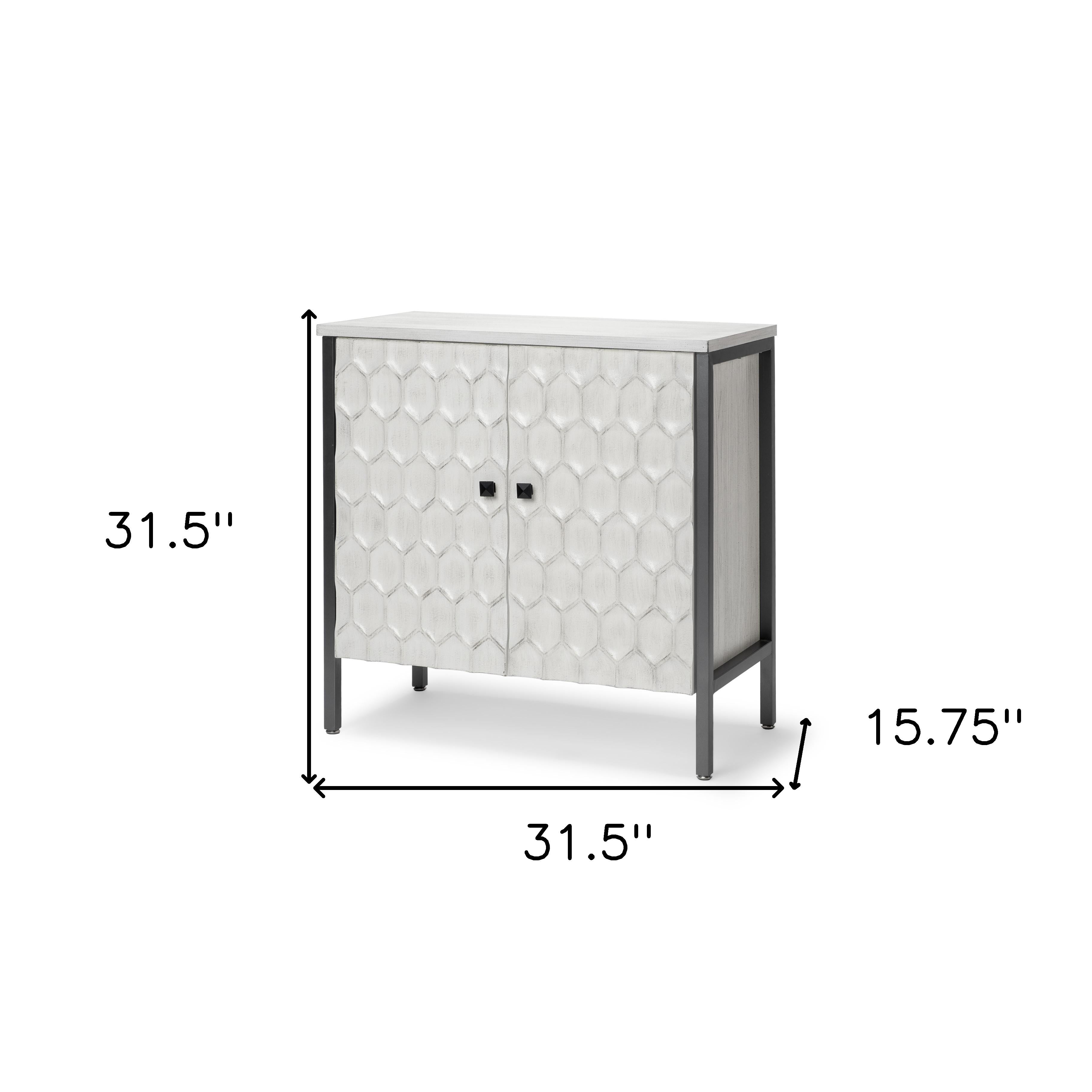 32" White and Gray Wood and Metal Carved Geometric Accent Cabinet With Two Doors